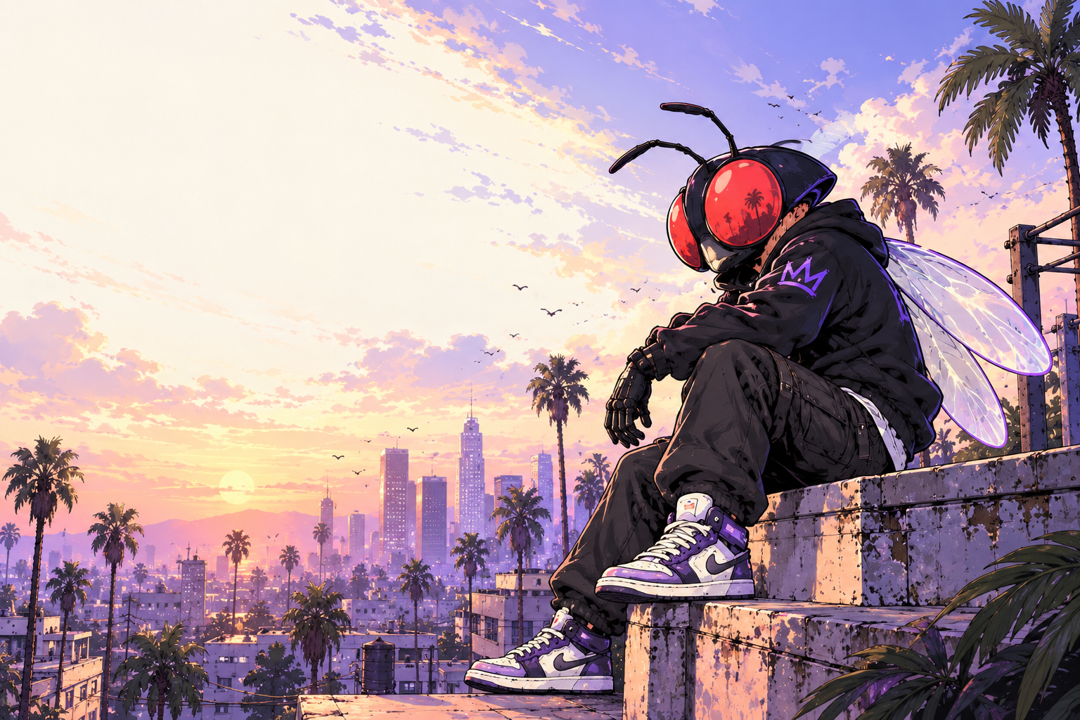 Red-eyed fly in black streetwear and purple sneakers sitting above a palm-lined city at sunset